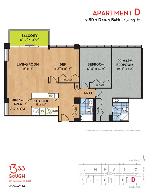 Floor plan for 2 beds, 2 baths, 1452 sqft